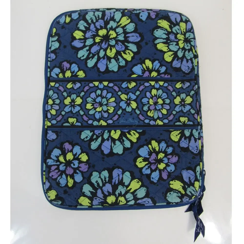 Vera Bradley Indigo Pop Laptop Case Padded Quilted Blue Green Floral Zipper